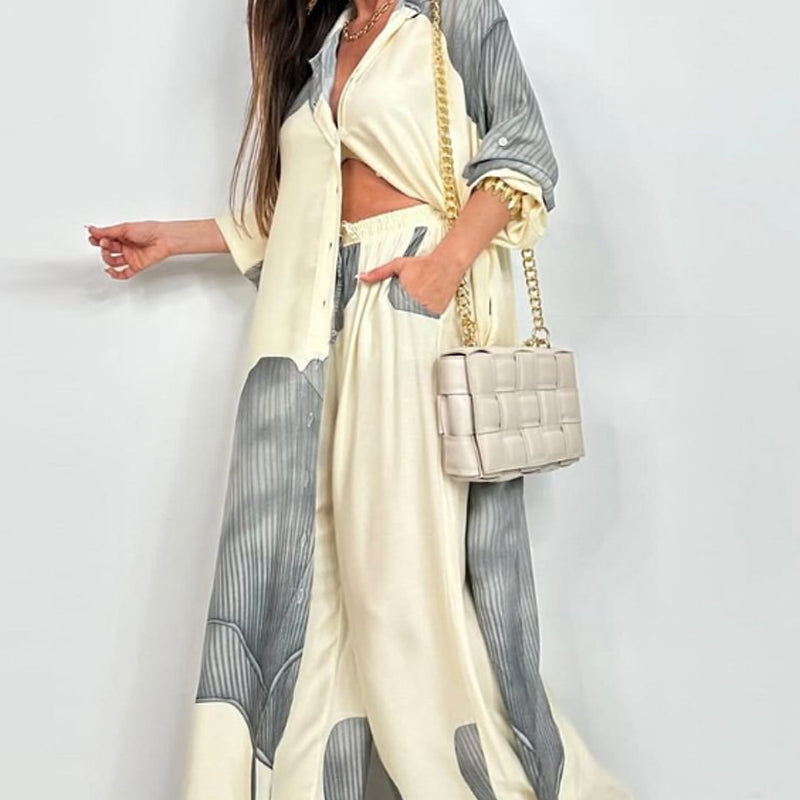 Ensemble décontracté élégant Danoir Paris Norélie en abricot et gris, costume confortable pour femmes.