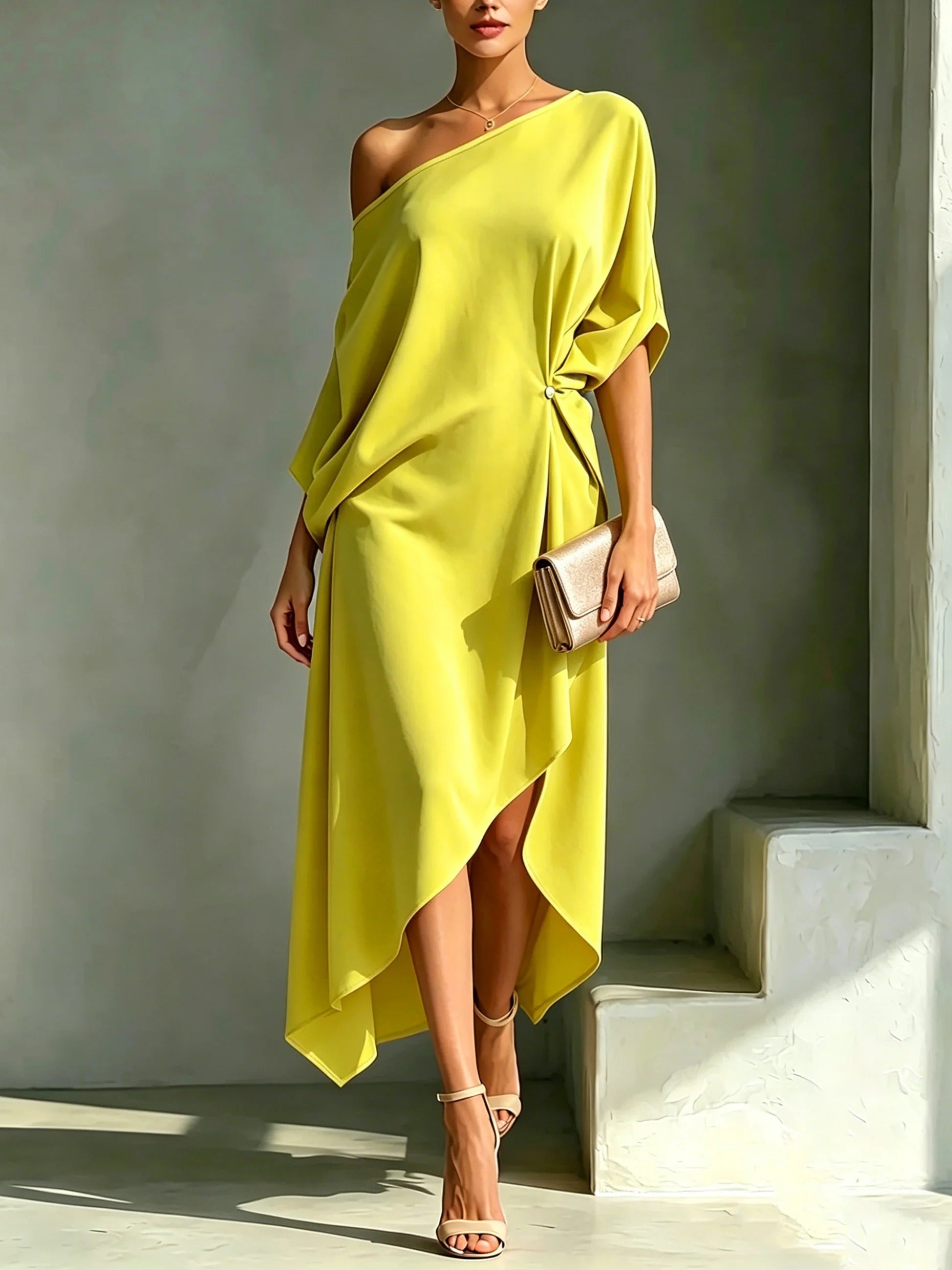 Robe asymétrique élégante Camila de Danoir Paris en tissu jaune, portée sur mannequin, style sophistiqué et moderne.
