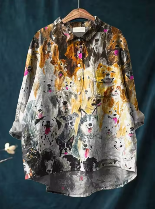 Blouse artistique Danoir Paris avec portrait de chien Remy, design créatif et coloré, en tissu léger et élégant.