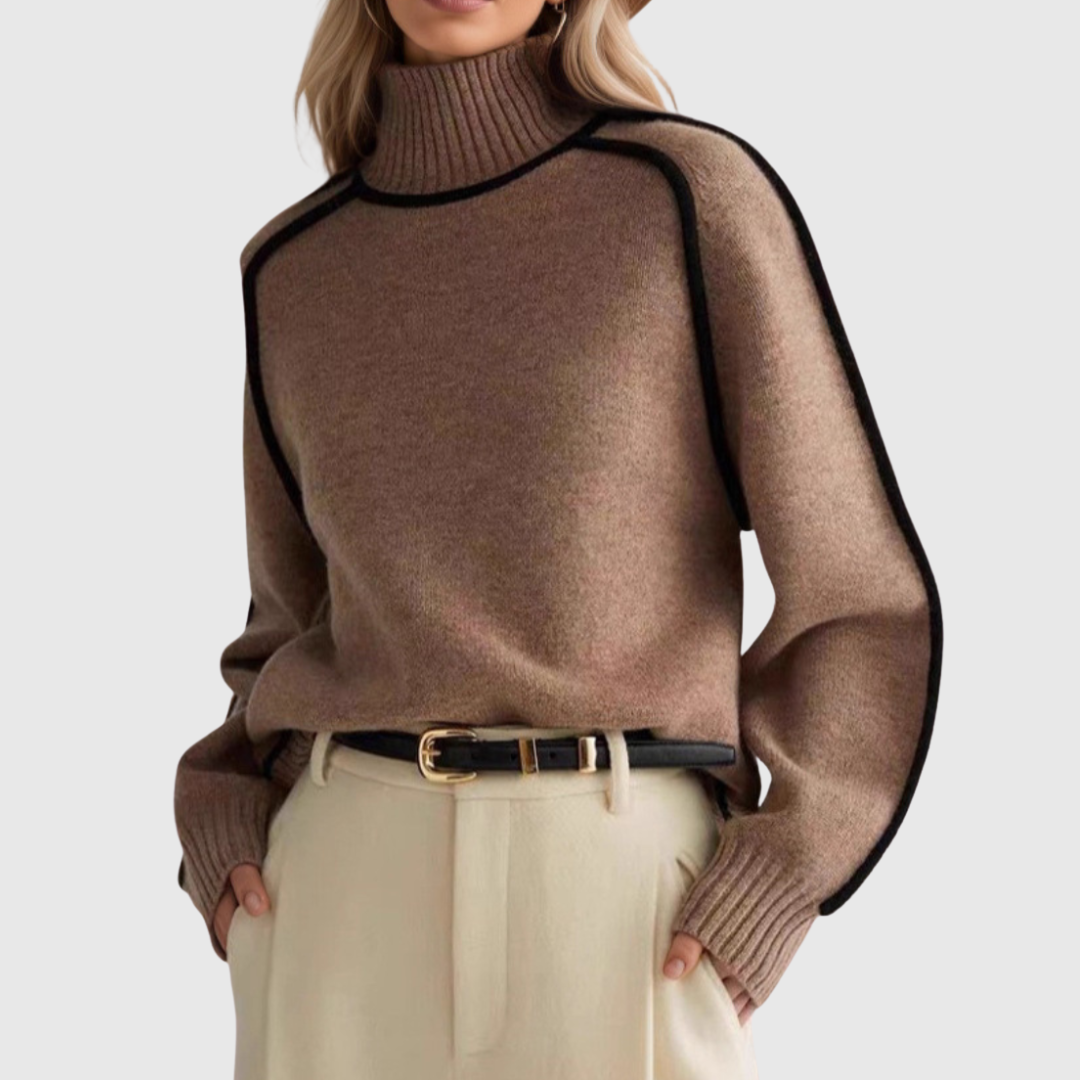 Pull élégant à col haut Donna de Danoir Paris, en marron pour l'automne, taille XS, image montrant le style sophistiqué et la texture du tissu