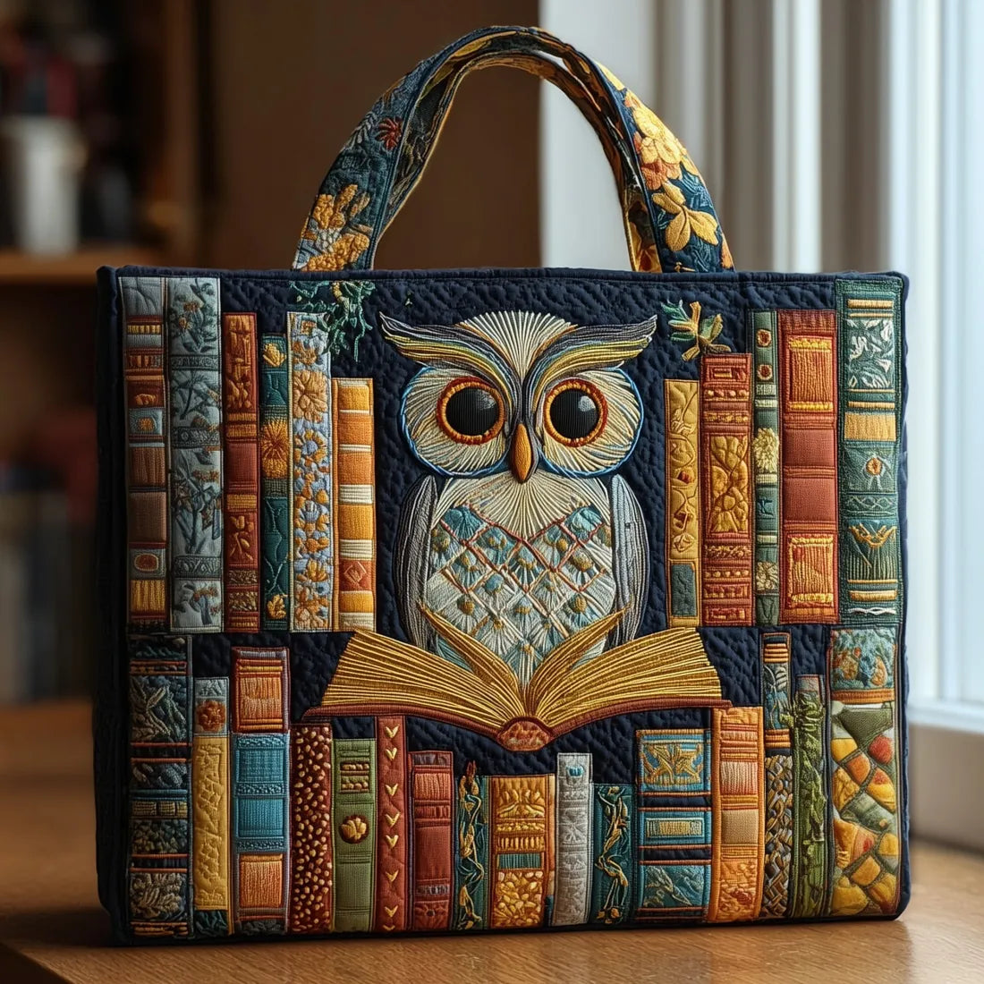 Sac à main artisanal Danoir Paris avec motif hibou pour la lecture, en toile résistante, 38 x 35 cm, style élégant et pratique.