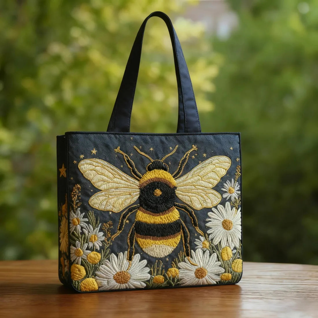 Sac à main fait main Danoir Paris avec motif de fleurs et abeilles, dimensions 38x35 cm, en tissu coloré et élégant.