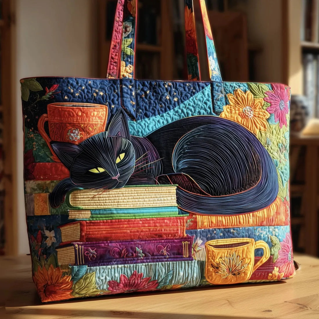 Sac à main artisanal Danoir Paris avec motif de chat noir et livres, en tissu résistant, dimensions 38 x 35 cm.