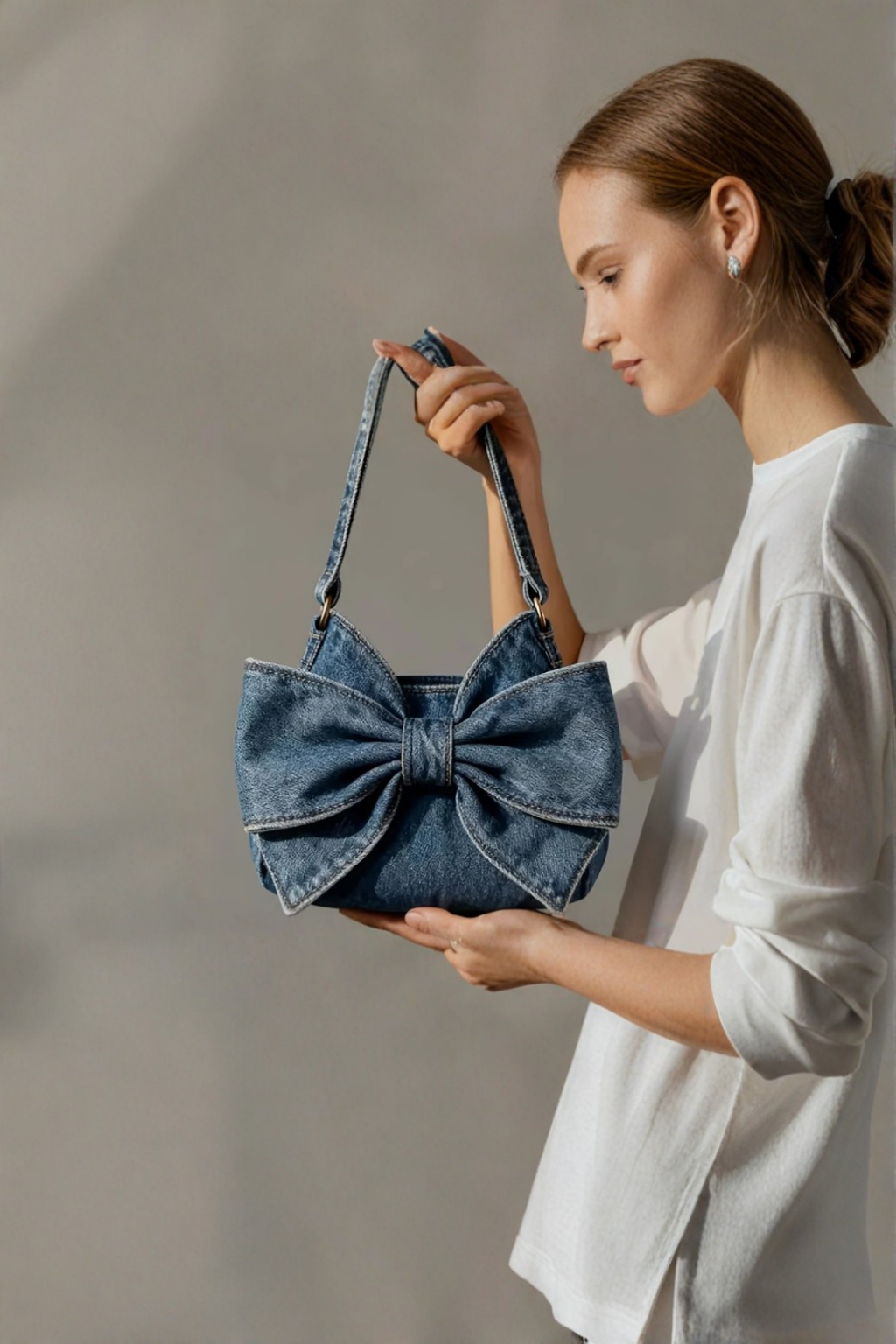 Sac à main rétro Anika Danoir Paris en bleu profond avec nœud élégant, sac à bandoulière en style vintage.