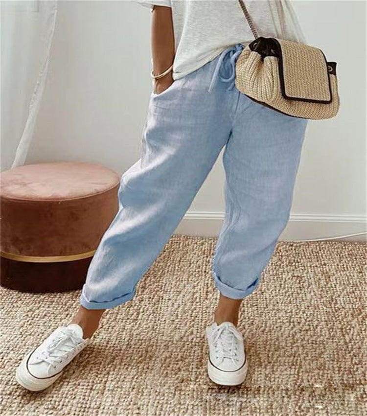 Pantalons confortables et élégants Zoé de Danoir Paris en beige avec motif circulaire, vue de face.