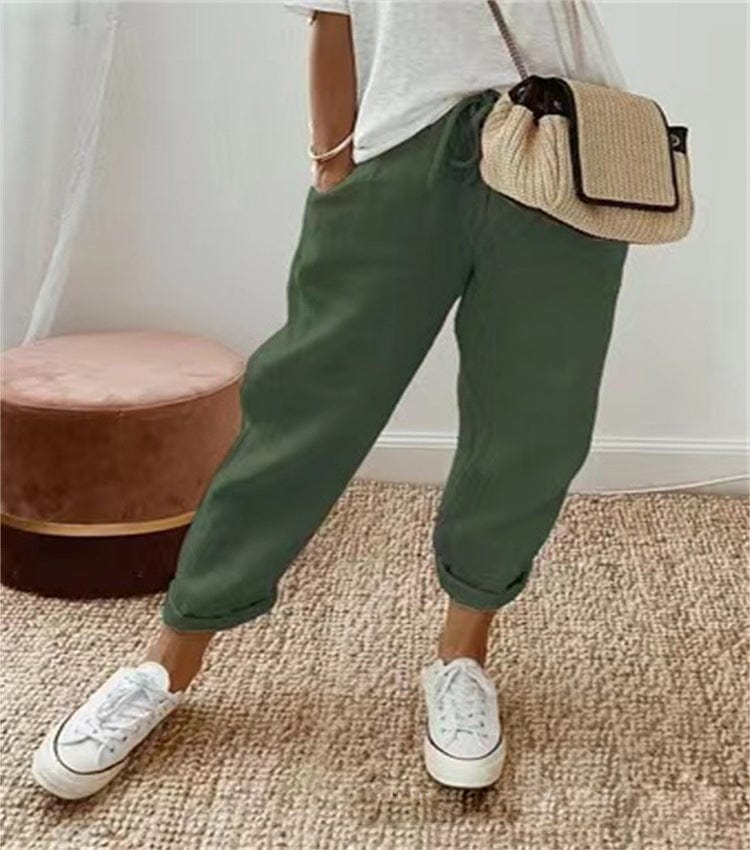 Pantalons confortables et élégants Zoé de Danoir Paris en beige avec motif circulaire, vues de l'avant.