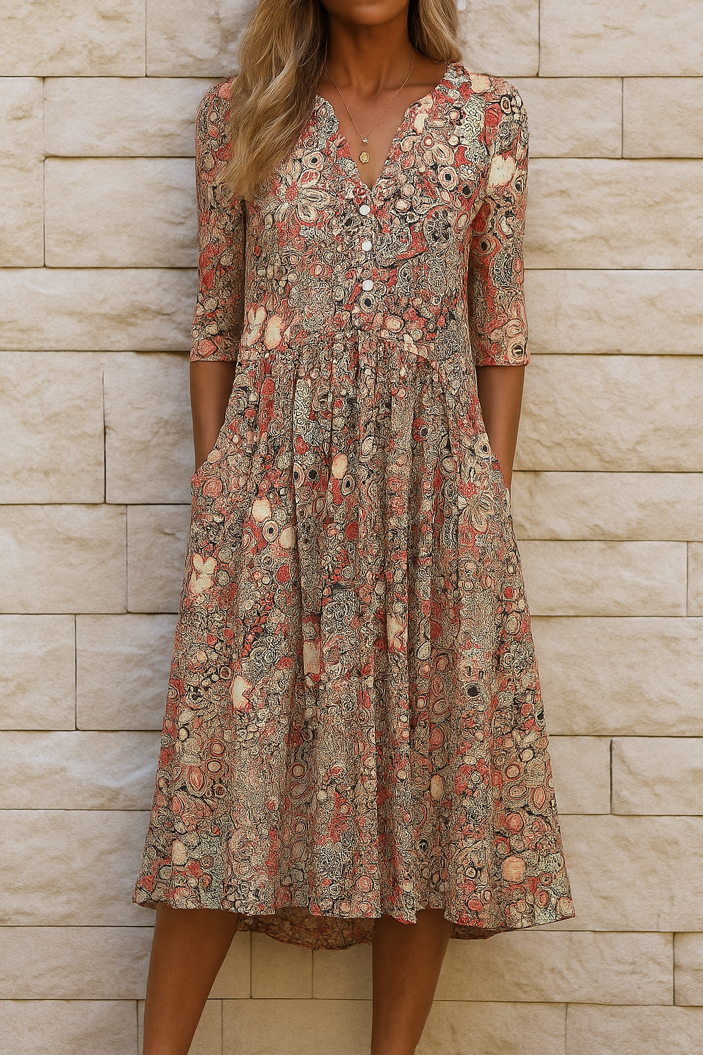 Robe midi imprimée Élise de Danoir Paris avec col V, élégante et fluide, en tissu beige avec motif floral.