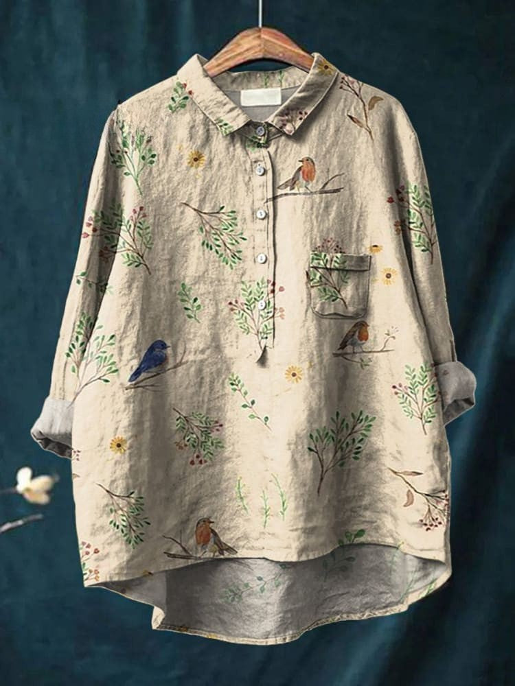 Chemise Ella Birdsong beige Danoir Paris avec motifs floraux, col classique et manches longues pour un style élégant.