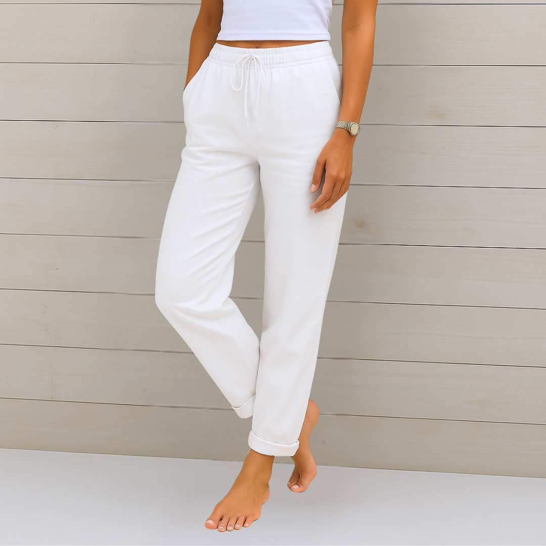 Pantalons stretch respirants Danoir Paris Maja en lin beige, coupe élégante et confortable pour femmes.