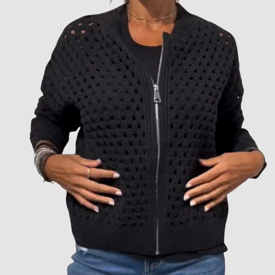 Veste en tricot beige Barbara de Danoir Paris, taille XS, détail des fibres et texture douce visible dans l'image.