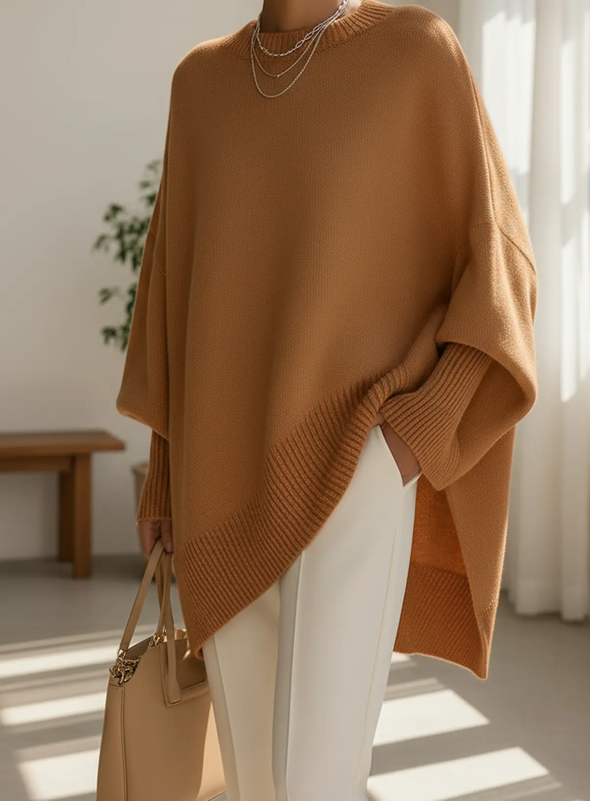Pull beige Danoir Paris pour femme, doux, en laine, porté sur un mannequin, vue de face.
