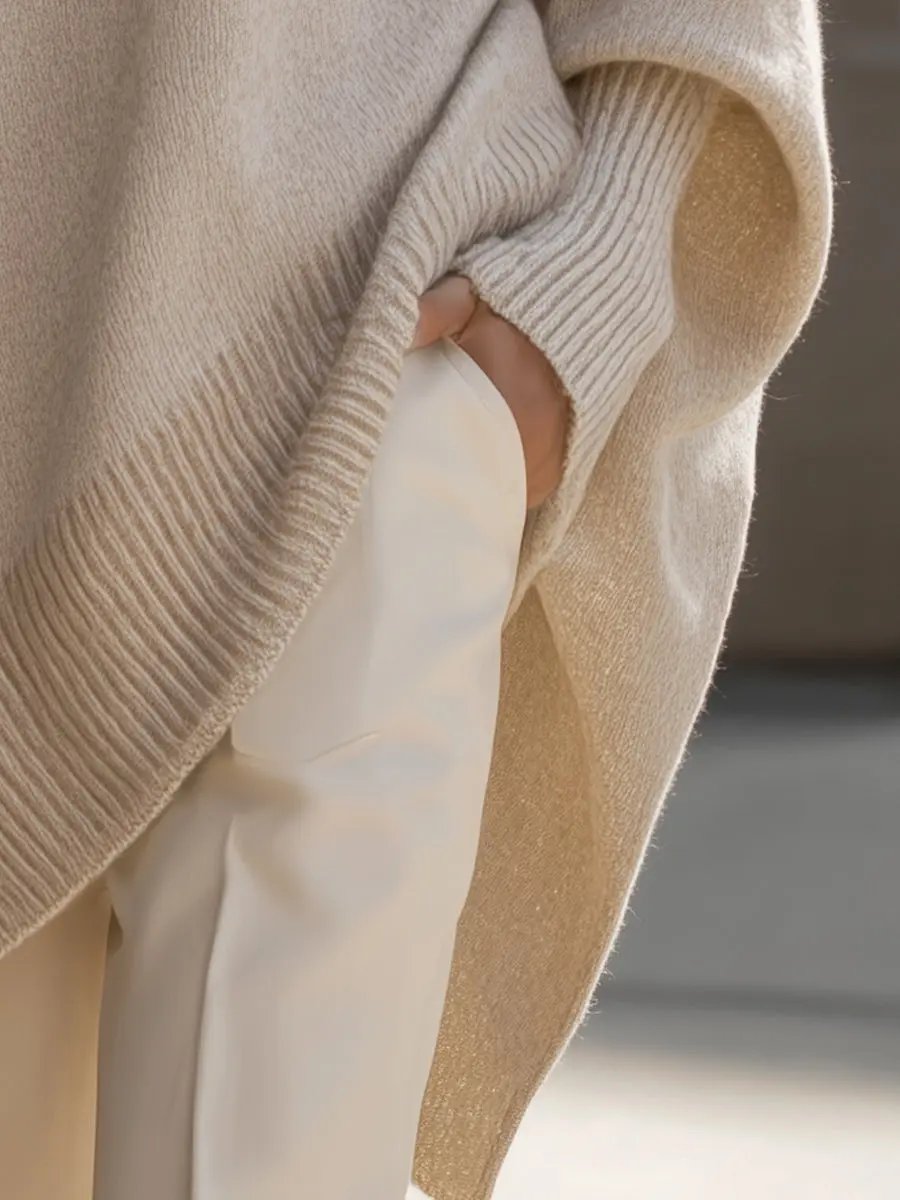 Pull Danoir Paris beige en taille XS, en laine douce, porté sur un mannequin, détail du col et des manches.