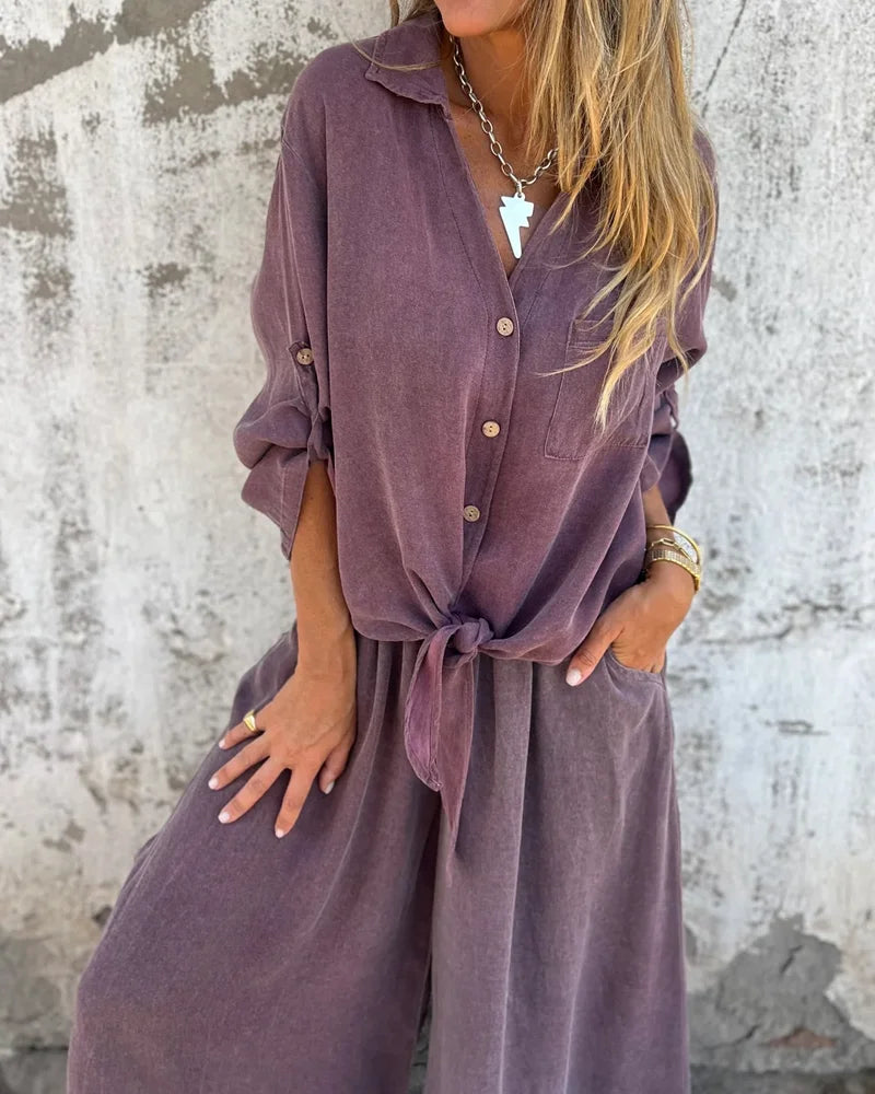 Ensemble deux pièces Danoir Paris en beige, vêtements polyvalents pour femmes, vue de haut.