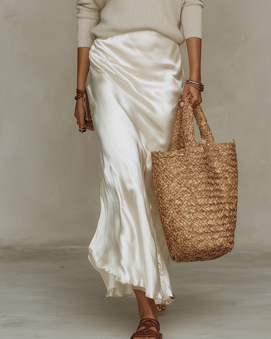 Robe midi satinée Elena de Danoir Paris avec maglione assorti, en blanc, vue de face, tissu fluide et élégant.