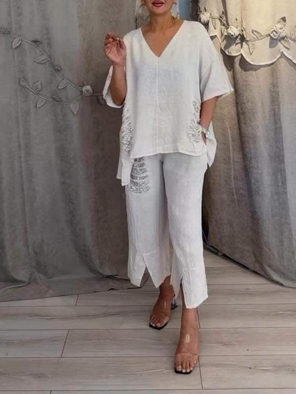 Ensemble deux pièces Bianca pour l'été de Danoir Paris, vêtement blanc léger avec détails élégants pour femmes.