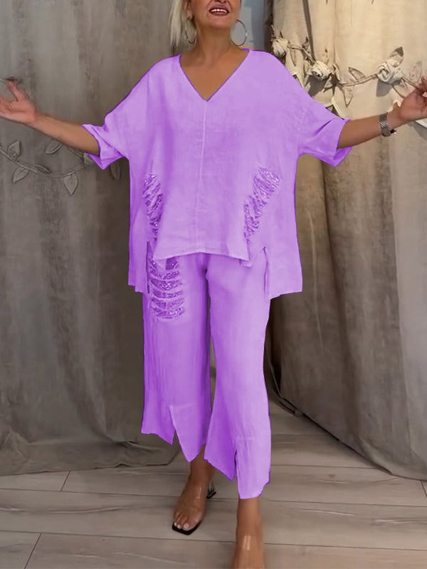 Ensemble deux pièces Bianca Danoir Paris pour l'été, tissu blanc léger, adapté pour la saison chaude, vue en gros plan.
