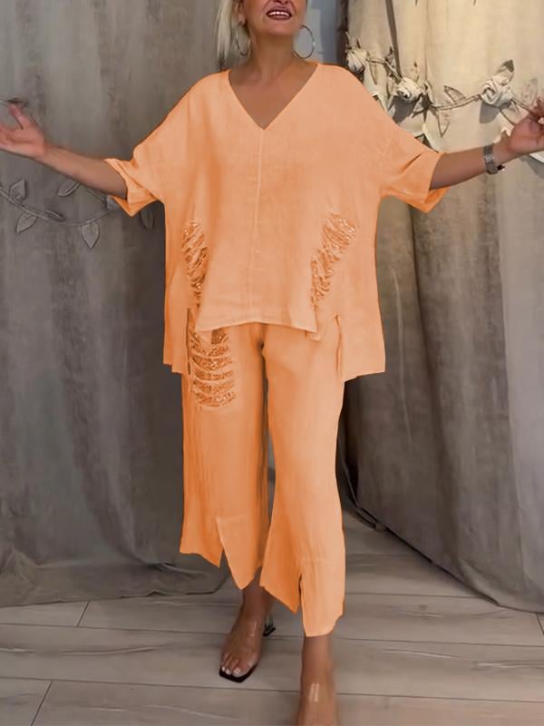 Ensemble deux pièces Bianca Danoir Paris pour l'été, haut blanc et pantalon léger, porté sur un mannequin.