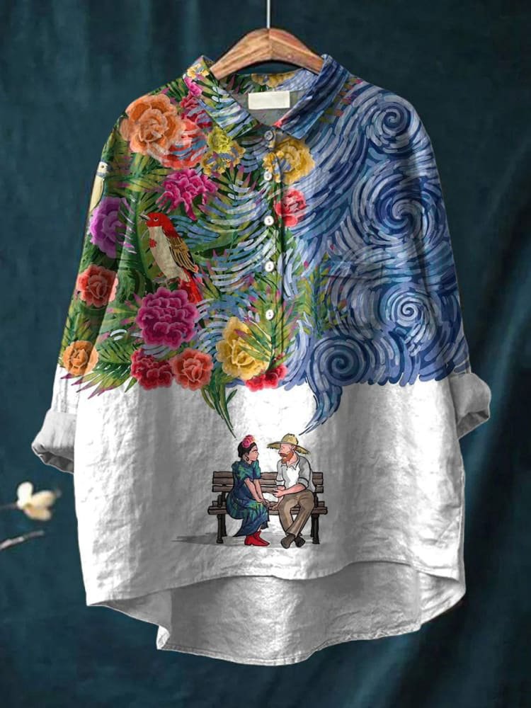 Blouse blanche Aveline Danoir Paris avec motif artistique floral Jardin, manche longue et coupe élégante.