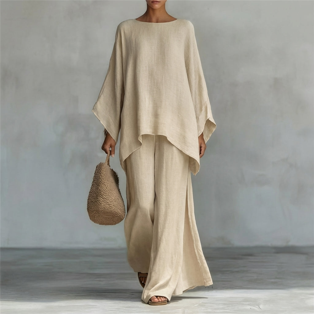 Ensemble deux pièces Danoir Paris Christine à manches longues et pantalon large blanc, mode élégante et confortable.