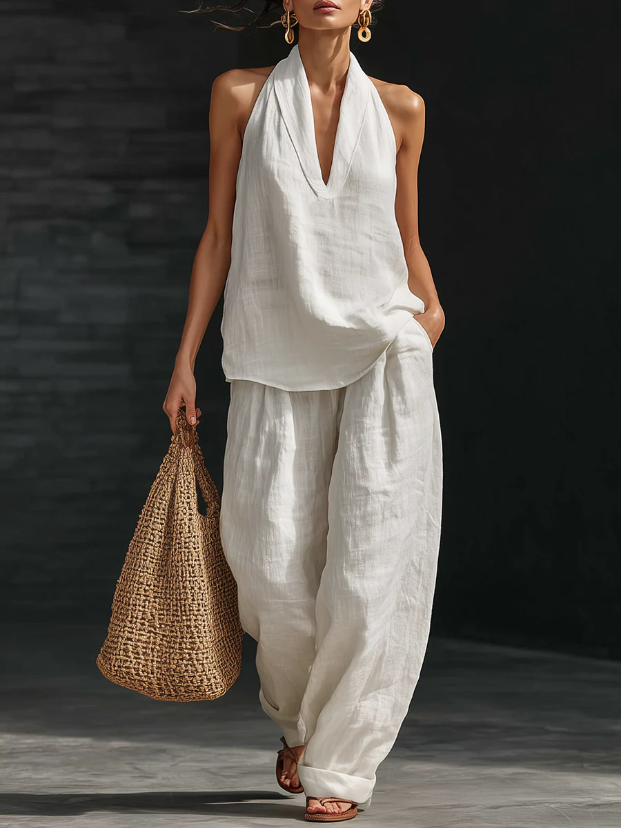 Ensemble sans manches et pantalon large Zoë™ de Danoir Paris, vêtement blanc élégant et fluide pour femmes.