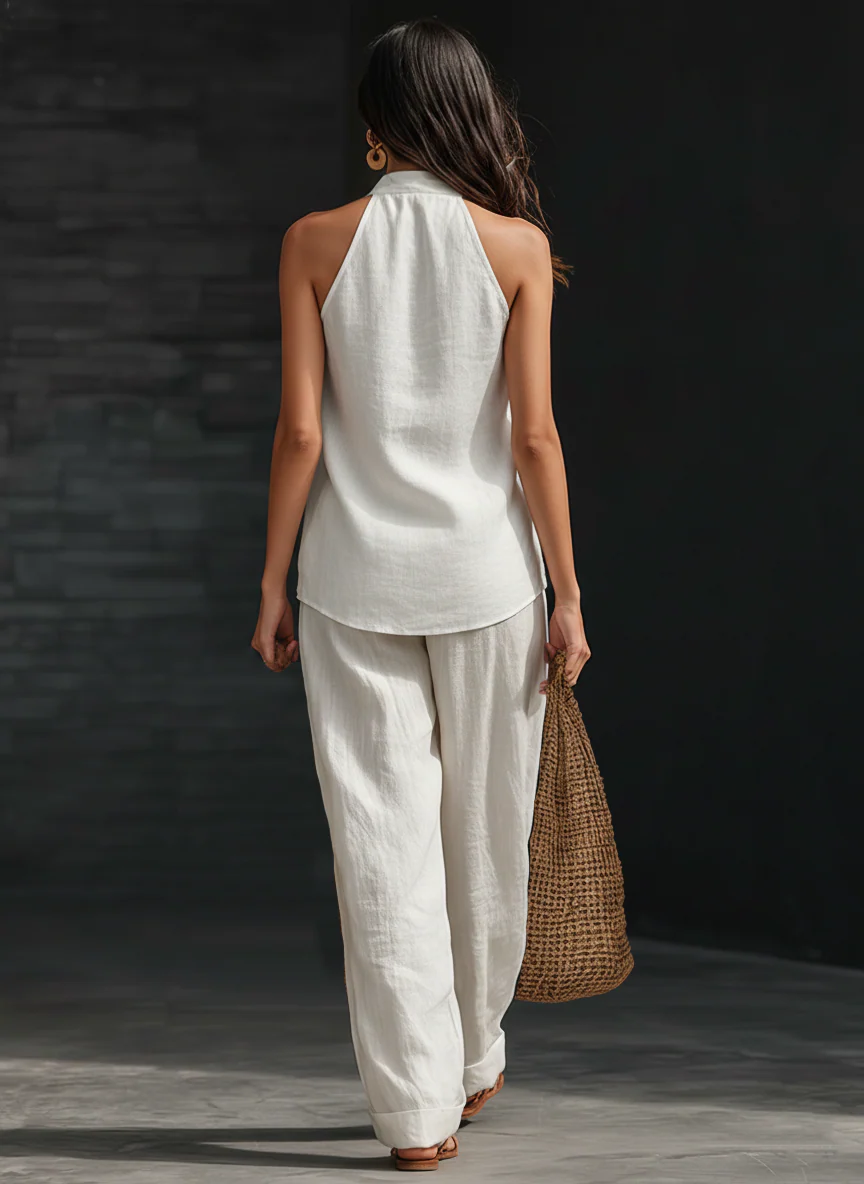 Ensemble sans manches et pantalon large Zoë™ de Danoir Paris, tenue élégante en tissu blanc, vue en détail sur le produit.