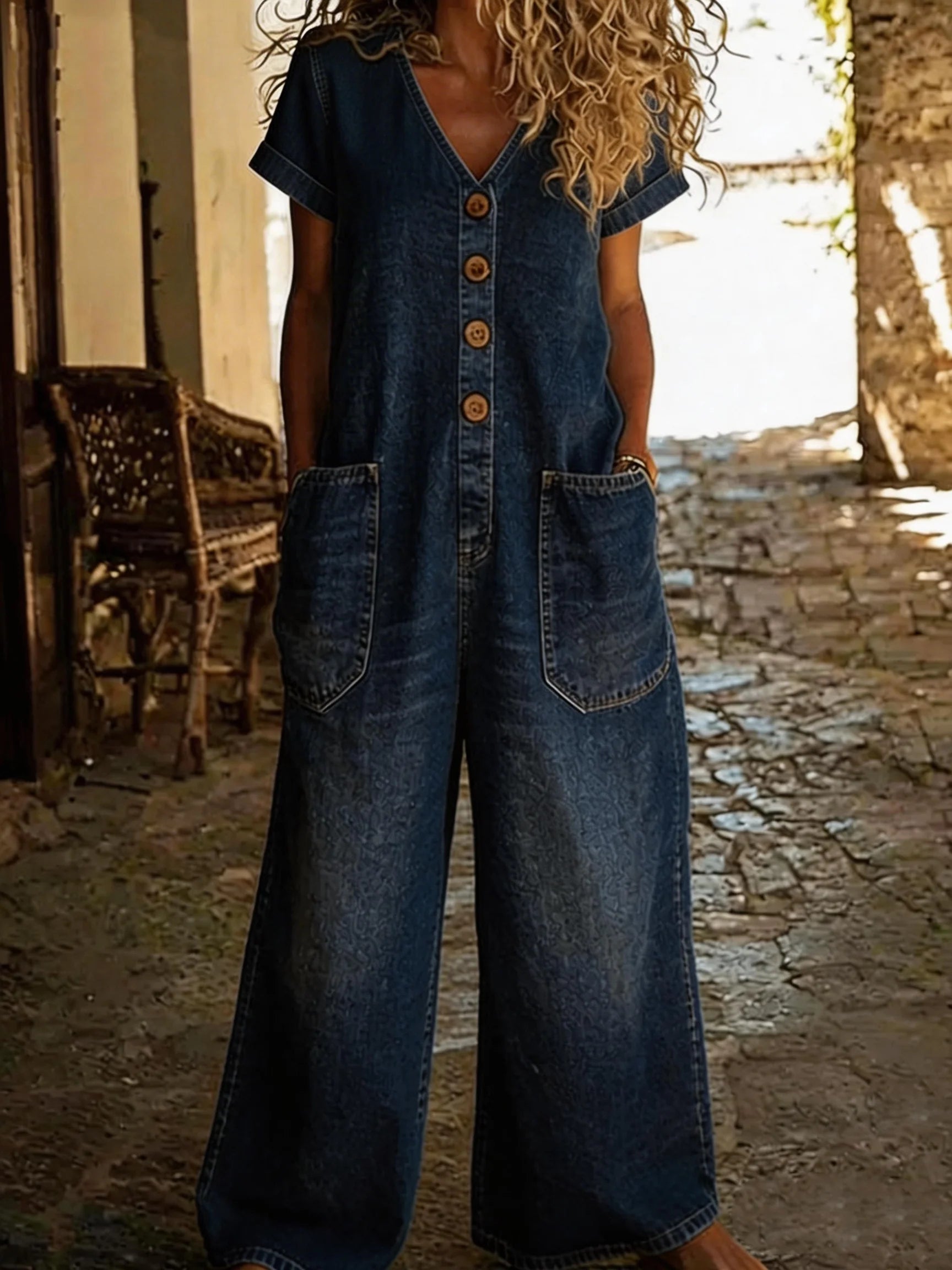 Combinaison en denim bleu Denise de Danoir Paris avec V-hals et manches courtes, portée par un mannequin.