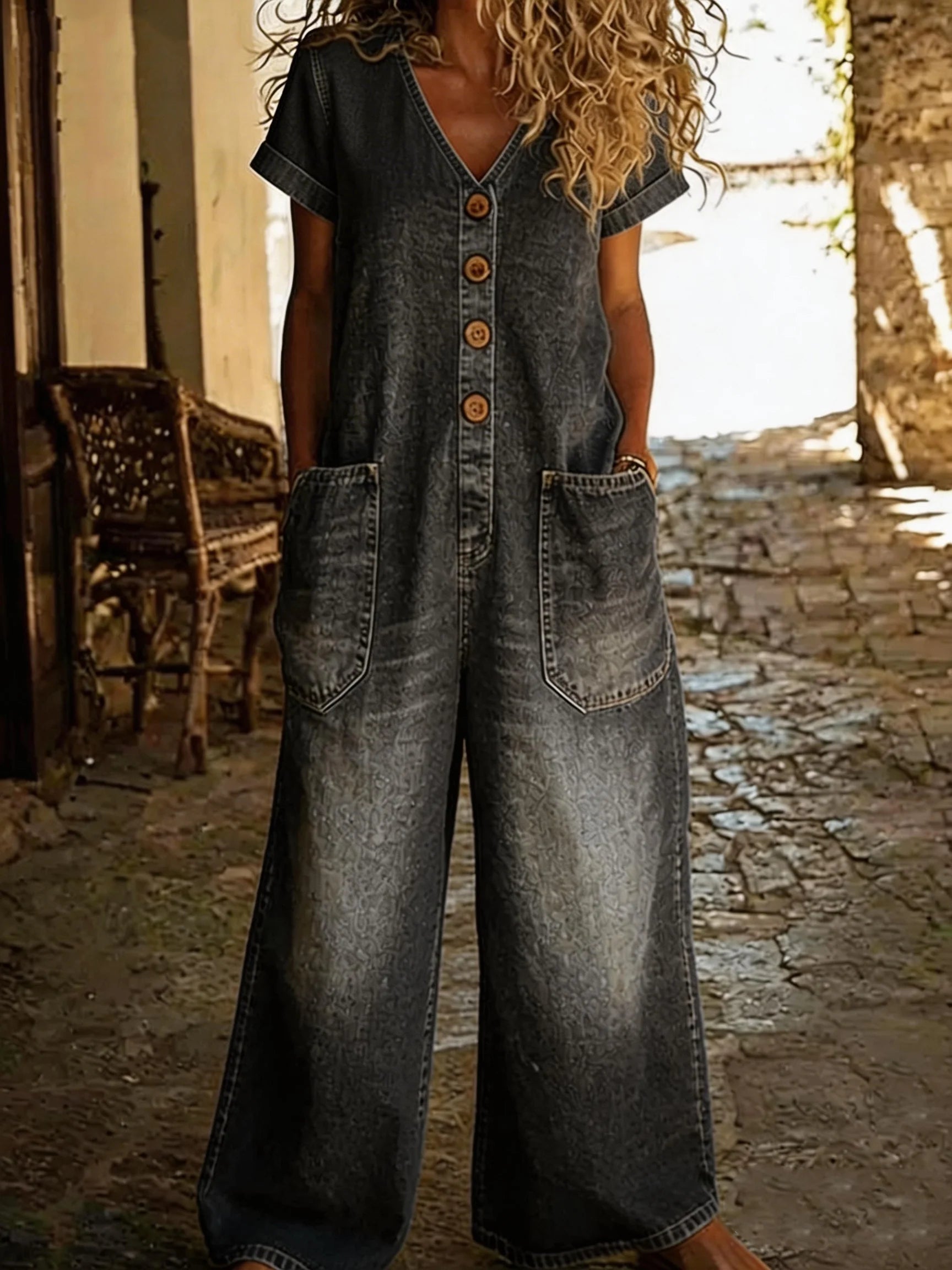 Combinaison en denim Denise Danoir Paris avec col en V et manches courtes, portée décontractée, couleur bleue.