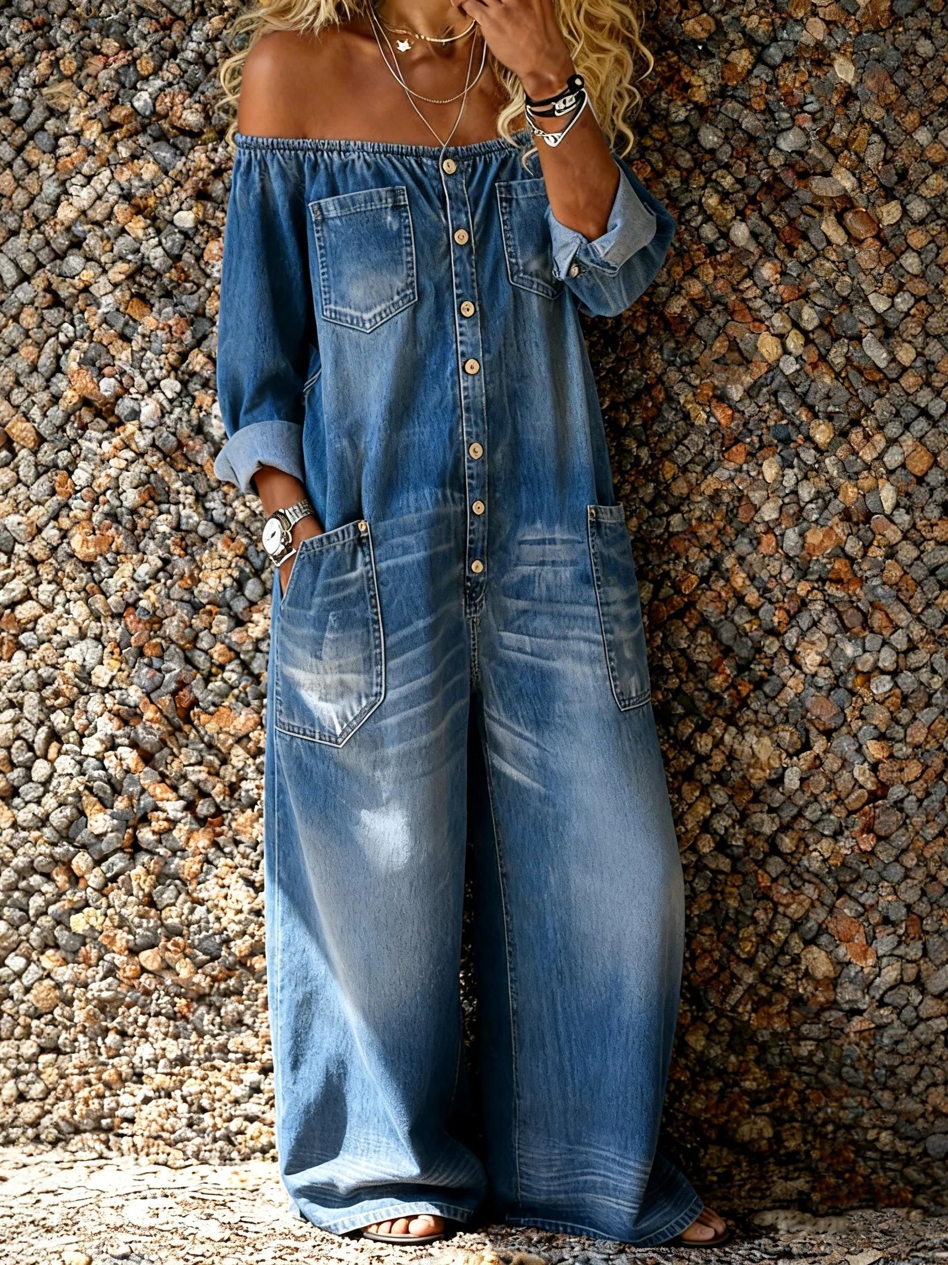 Combinaison en denim bleu Noa de Danoir Paris avec décolleté off-shoulder, coupe élégante et style décontracté.