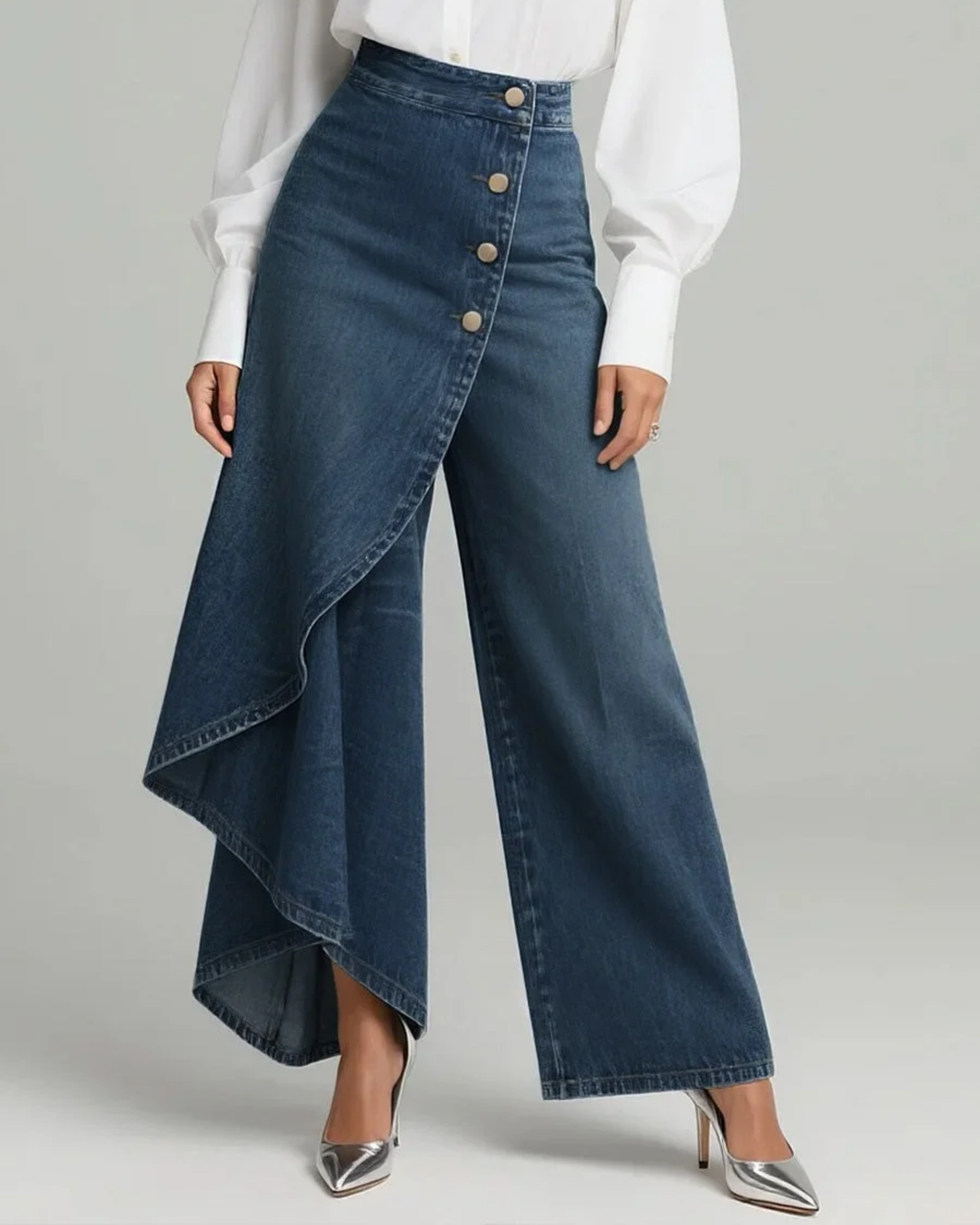 Pantalon en denim clair Audrey de Danoir Paris, coupe enveloppante, vêtement tendance pour femme.
