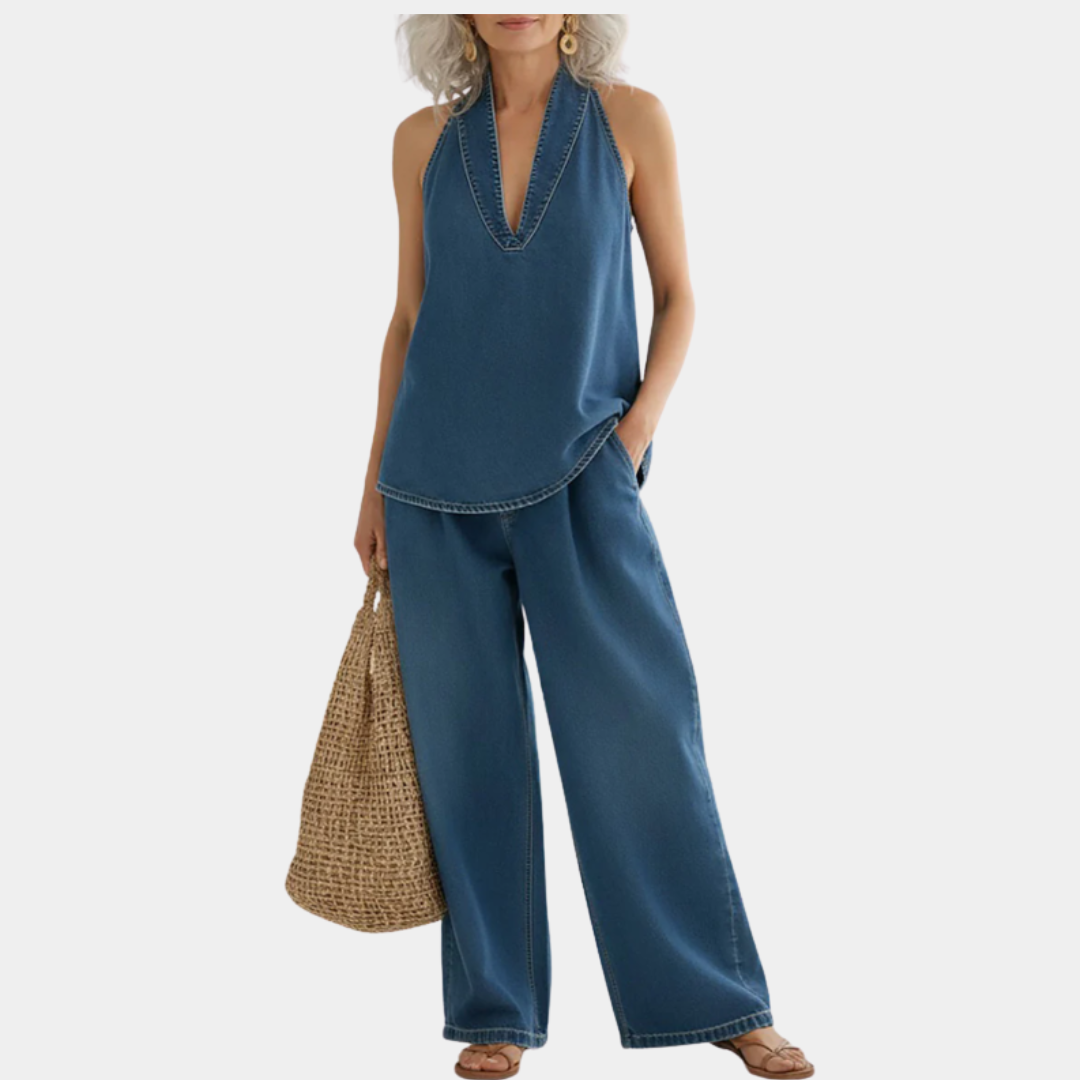 Ensemble deux pièces en denim vintage doux et lavé Ivy de Danoir Paris, vêtement élégant et confortable pour femmes.