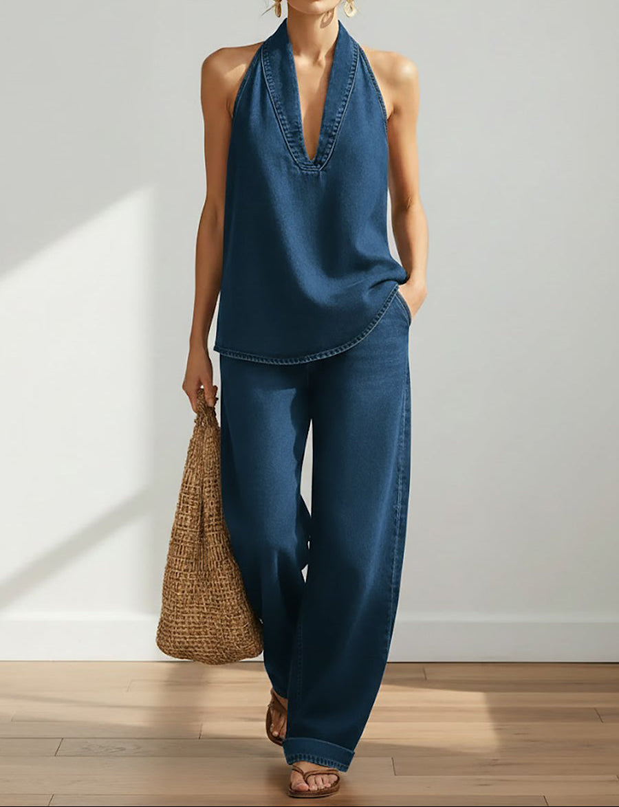 Ensemble deux pièces en denim vintage doux de Danoir Paris, veste et pantalon bleu clair, style décontracté et confortable.