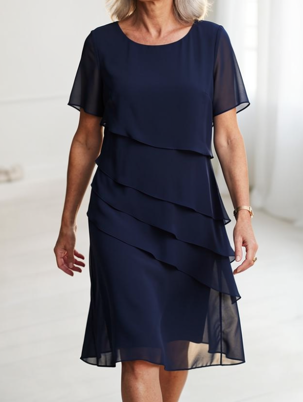Robe fluide élégante Juliette de Danoir Paris avec volants, couleur bleu foncé, portée décontractée et sophistiquée.