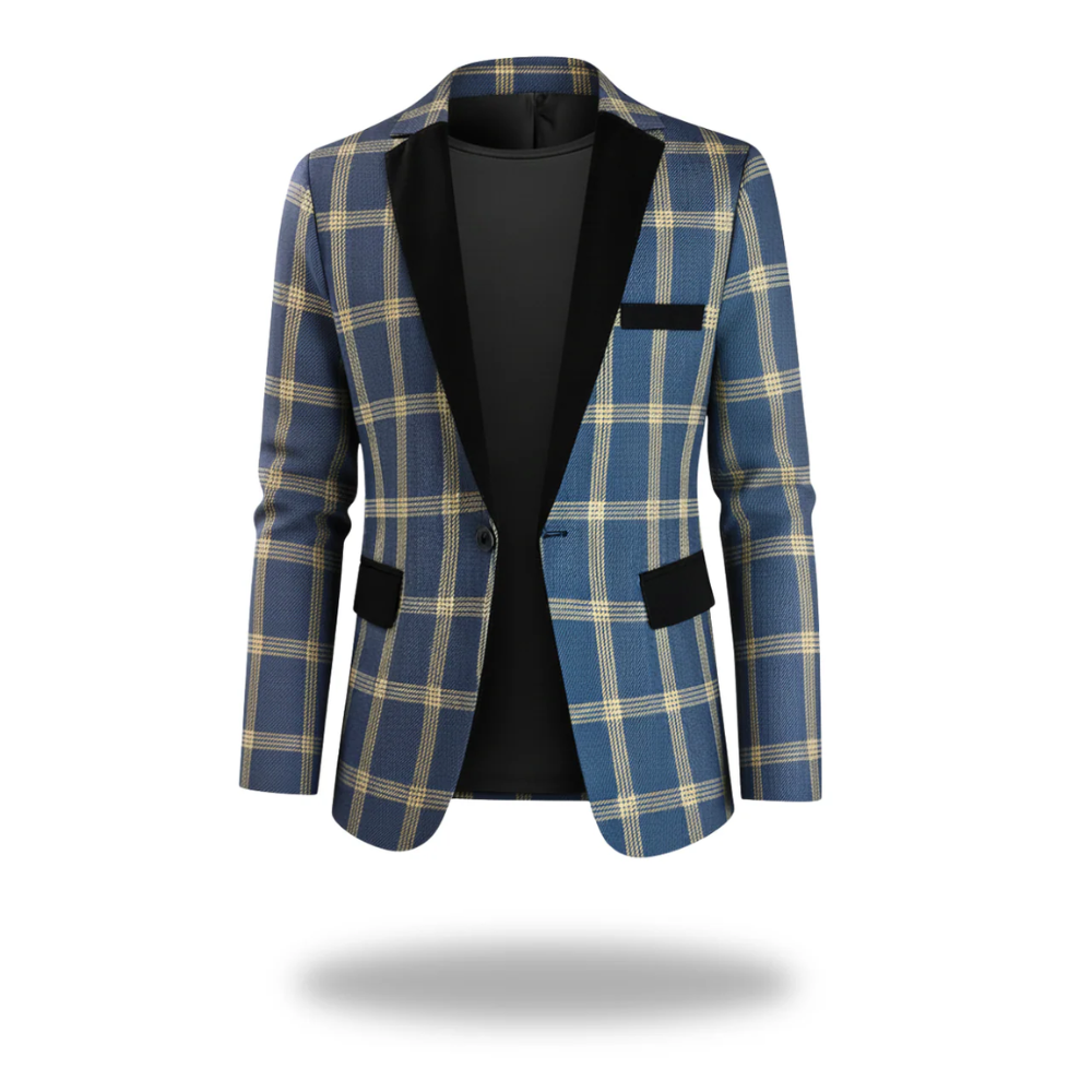 Blazer masculin élégant Danoir Paris en tissu bleu, coupe raffinée et moderne, porté sur un mannequin.