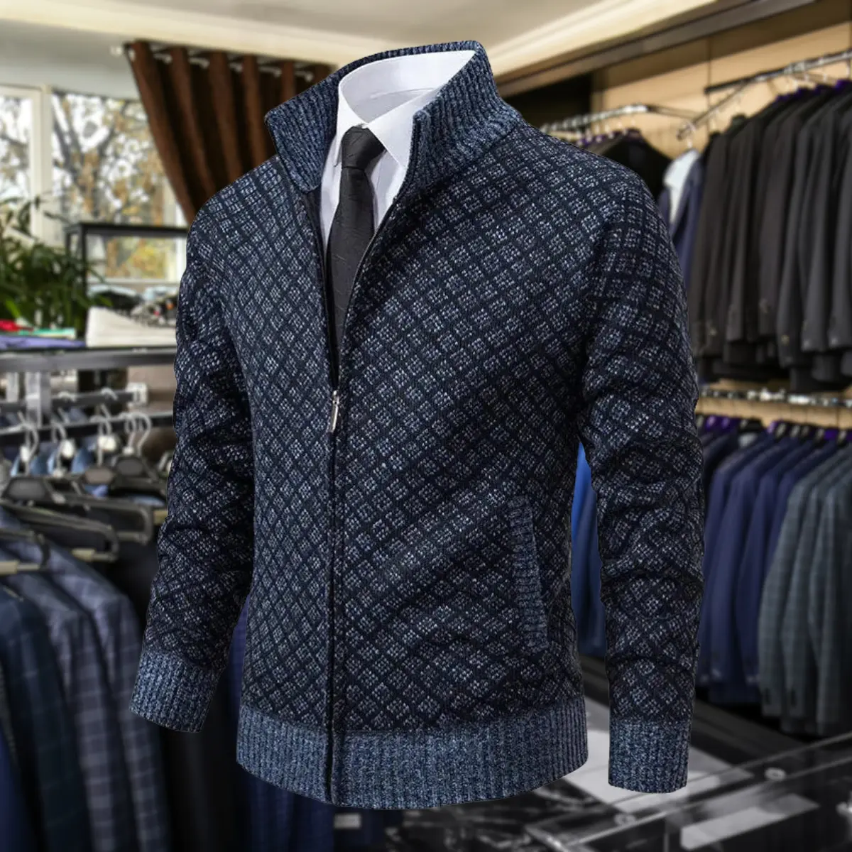 Gilet premium pour homme Danoir Paris en matériau souple, couleur bleue, vue de face sur mannequin.