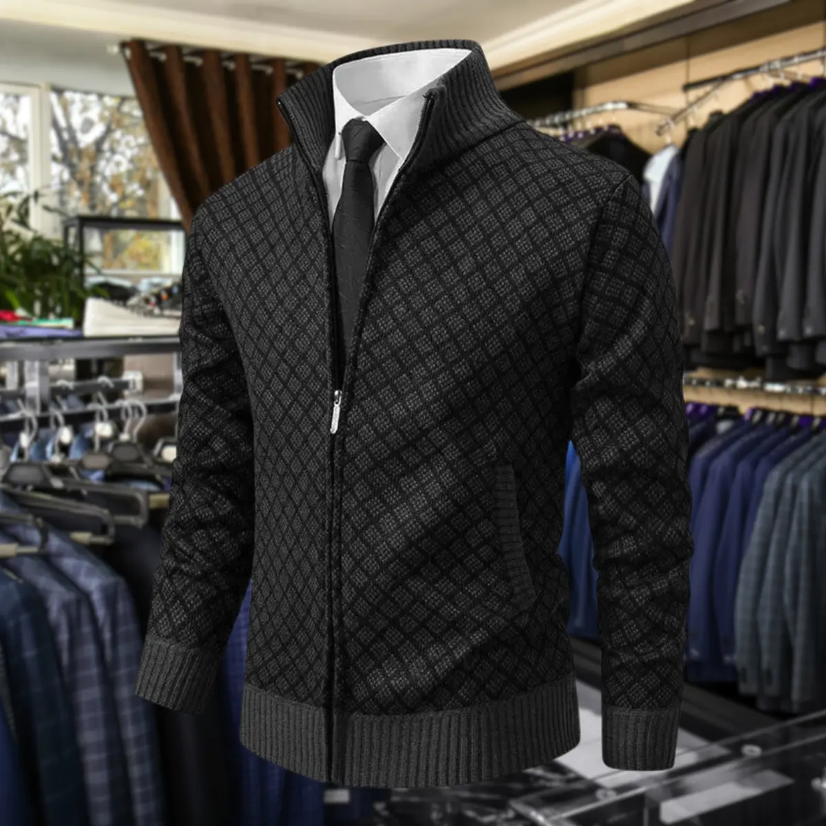 Gilet premium pour homme Danoir Paris en tissu souple, bleu, vue de face, détail du col et des boutons.