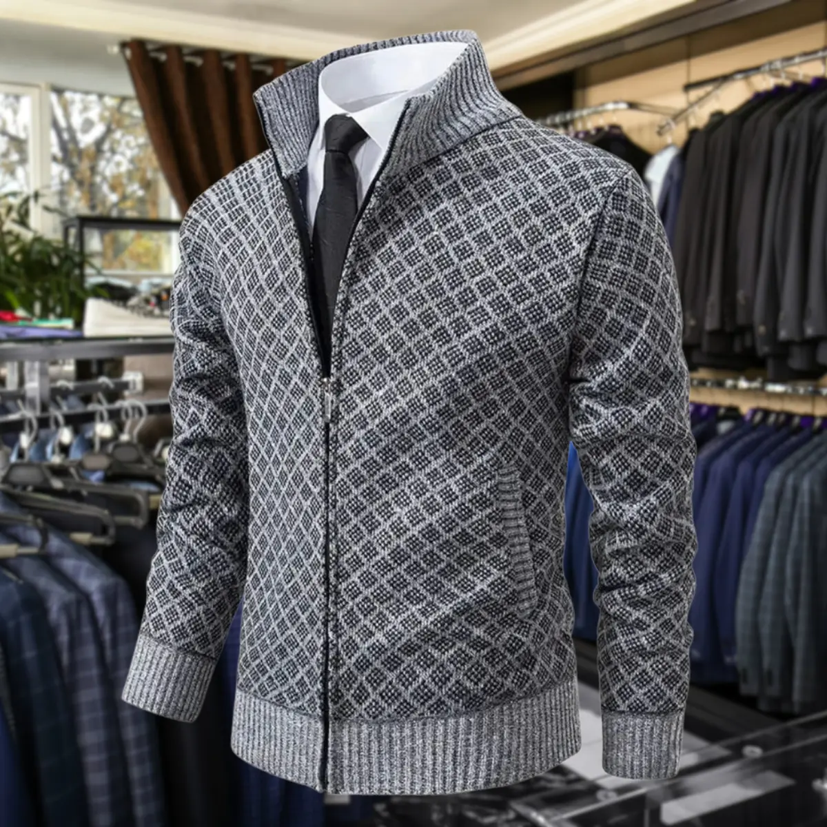 Gilet premium pour homme Danoir Paris en matériau souple, bleu, porté avec col en V et finition élégante.