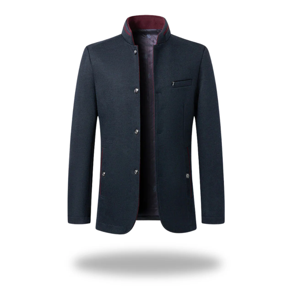 Blazer masculin élégant Danoir Paris en tissu bleu marine, vue de face, avec col classique et boutons.