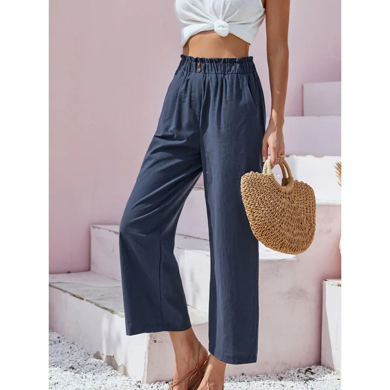 Pantalon d'été en lin et coton Soléa Danoir Paris de couleur bleu marine, léger et confortable pour l'été.