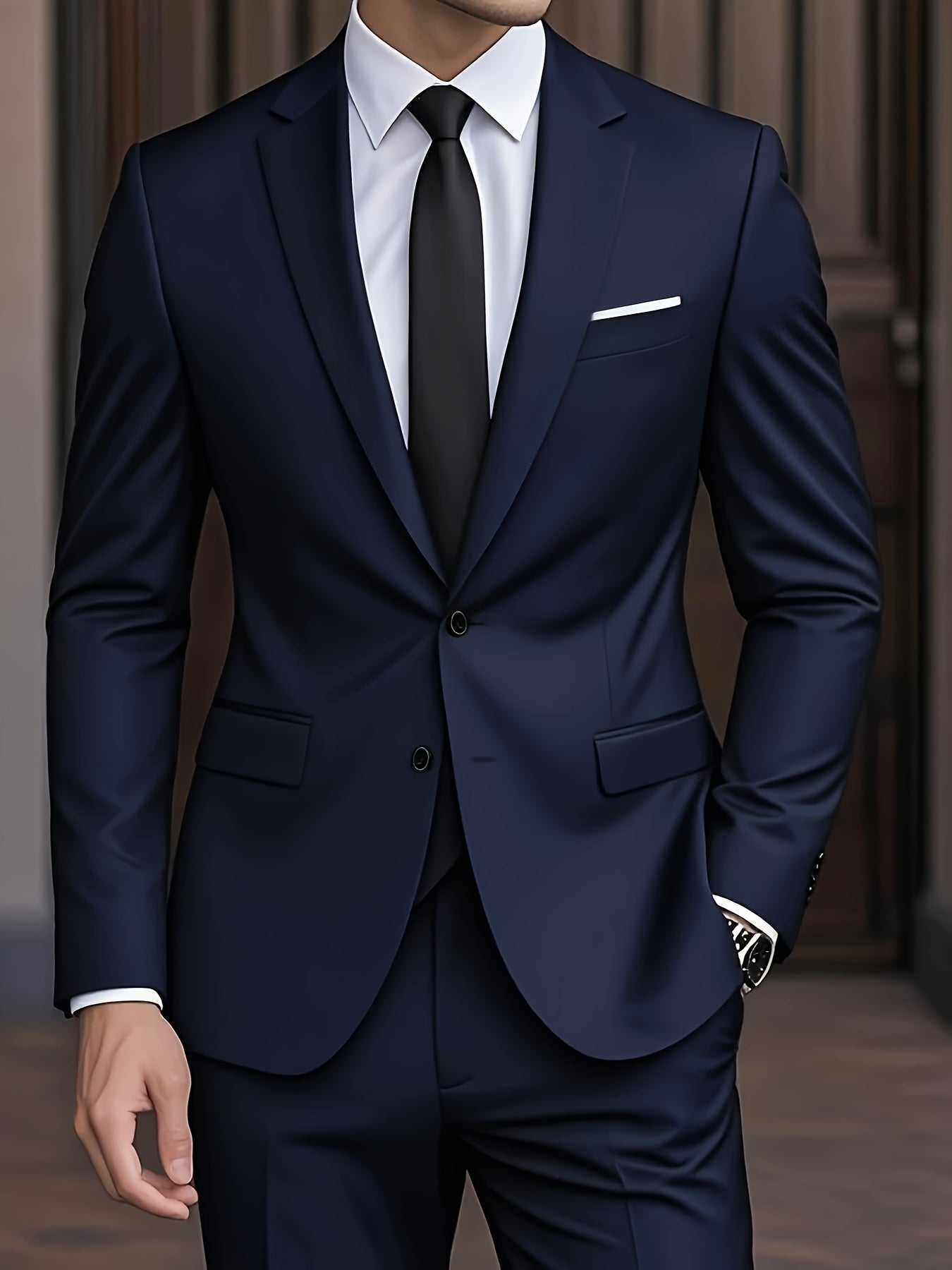 Costume moderne pour homme Danoir Paris en bleu marine, costume élégant avec détails soignés, vue en gros plan.