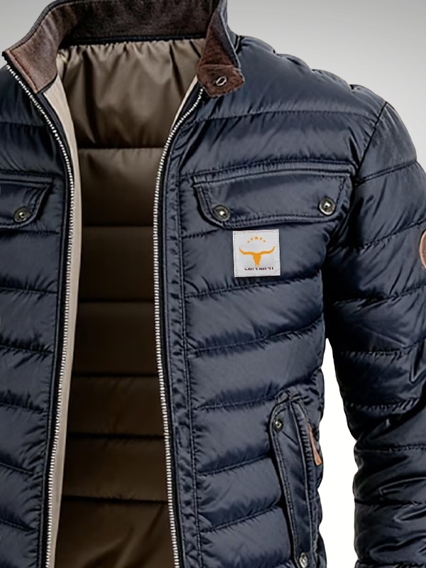 Veste matelassée bleue marine Danoir Paris™ pour femme, style premium, vue de face, taille XS, détail du tissu et rembourrage.