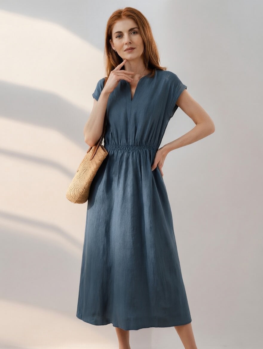 Robe en lin mélangé fluide et élégante Lina de Danoir Paris, couleur bleu marocain, portée, détail du tissu léger.