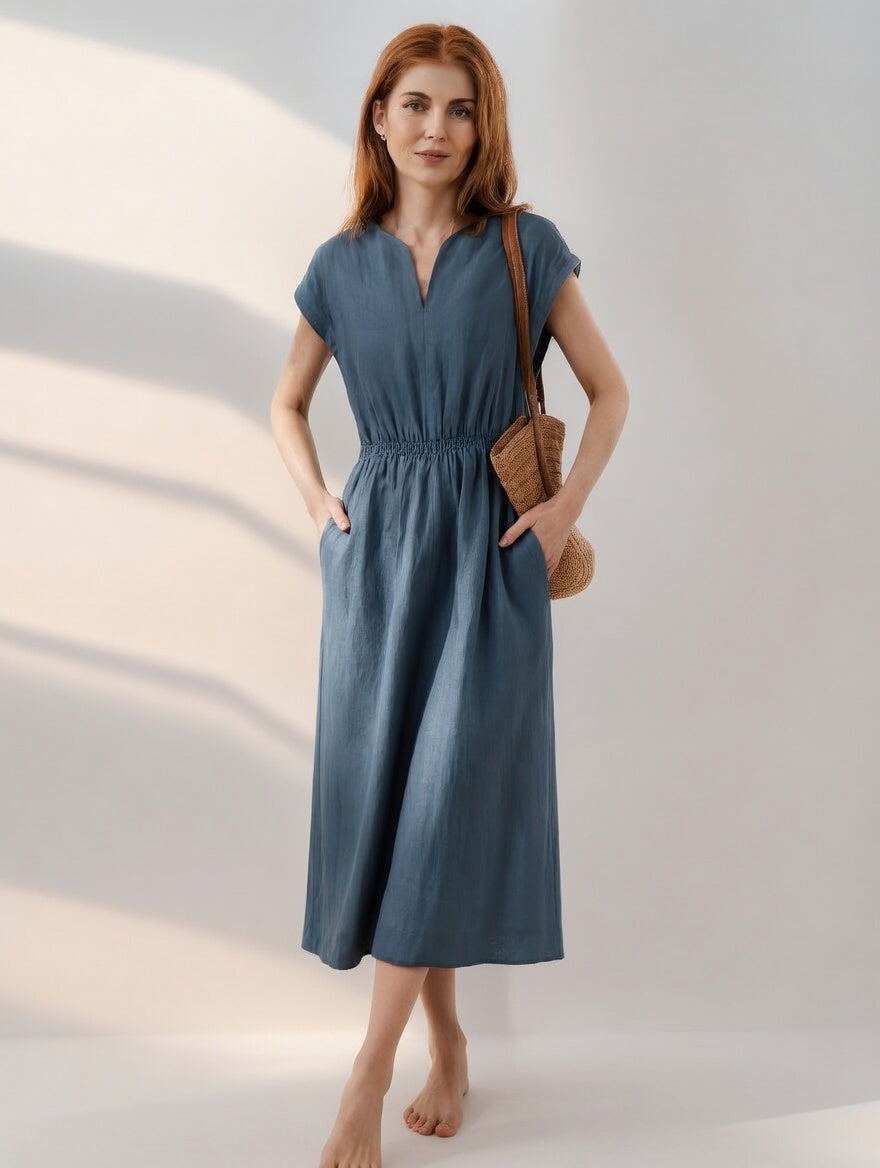 Robe en lin mélangé fluide et élégante Lina de Danoir Paris, couleur bleu marocain, portée sur un mannequin.