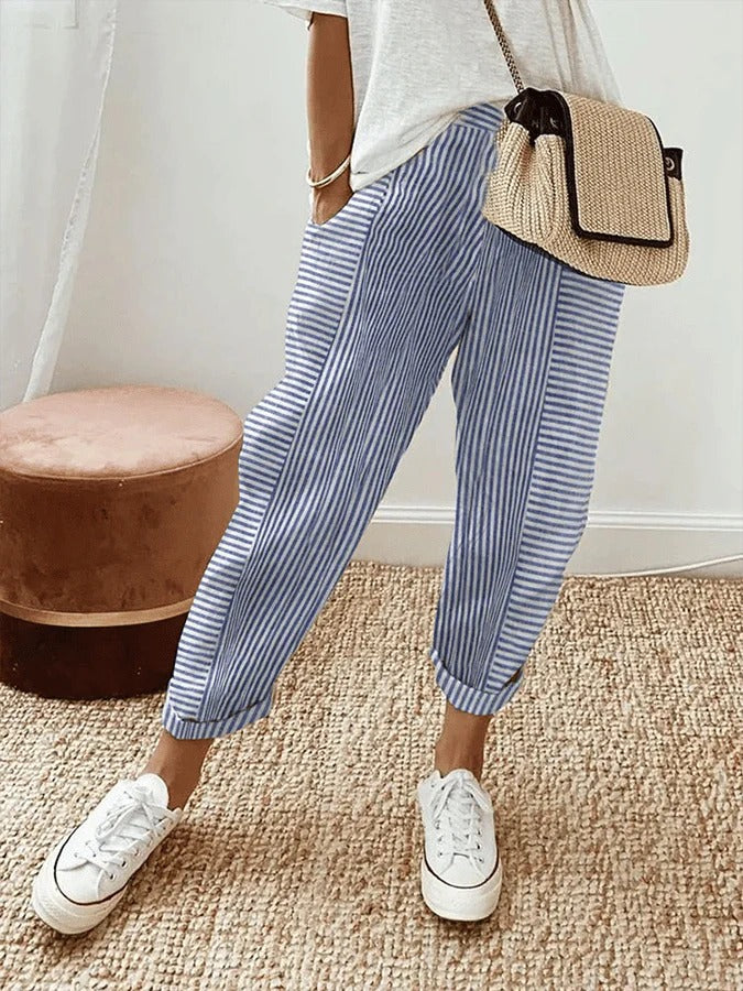 Pantalon rayé Jade de Danoir Paris en tissu bleu et blanc, taille XS 32-34, style élégant pour femme.