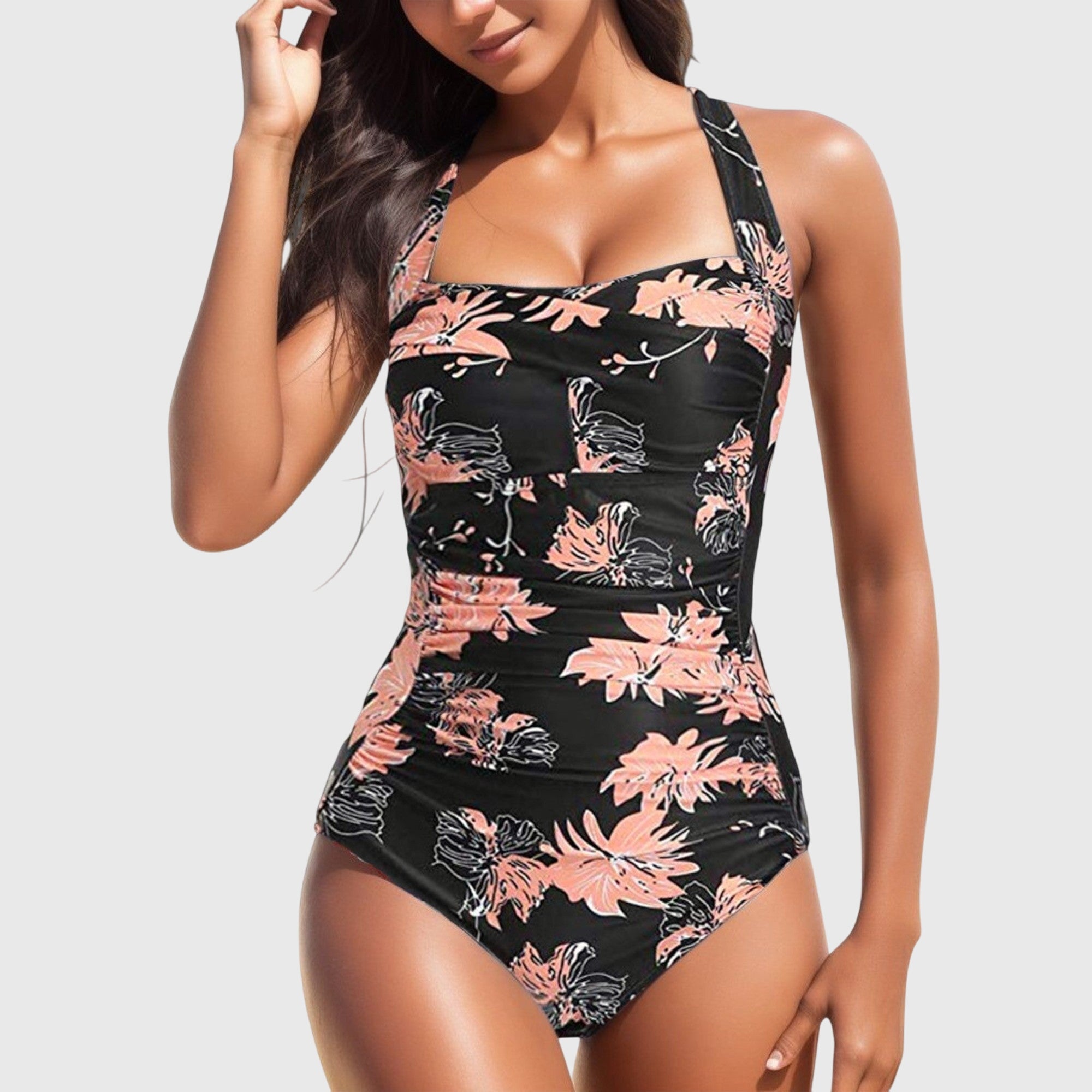 Maillot de bain une pièce Lina de Danoir Paris en tissu bleu et rose, petit modèle, visible sur l'image.