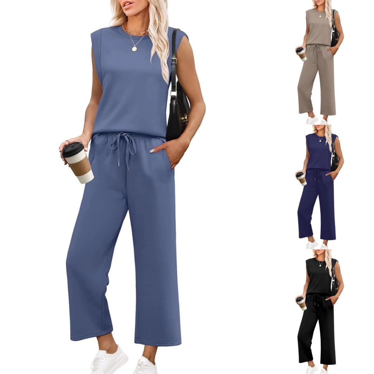 Ensemble d'été élégant Ania de Danoir Paris en tissu bleu, robe fluide avec détails sophistiqués, vue de face.