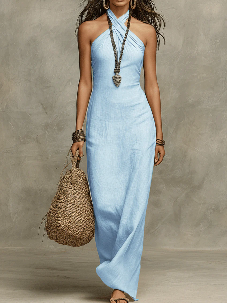 Robe longue volumineuse en coton et lin Avelina™ de Danoir Paris, col américain, couleur bleu, détails élégants.
