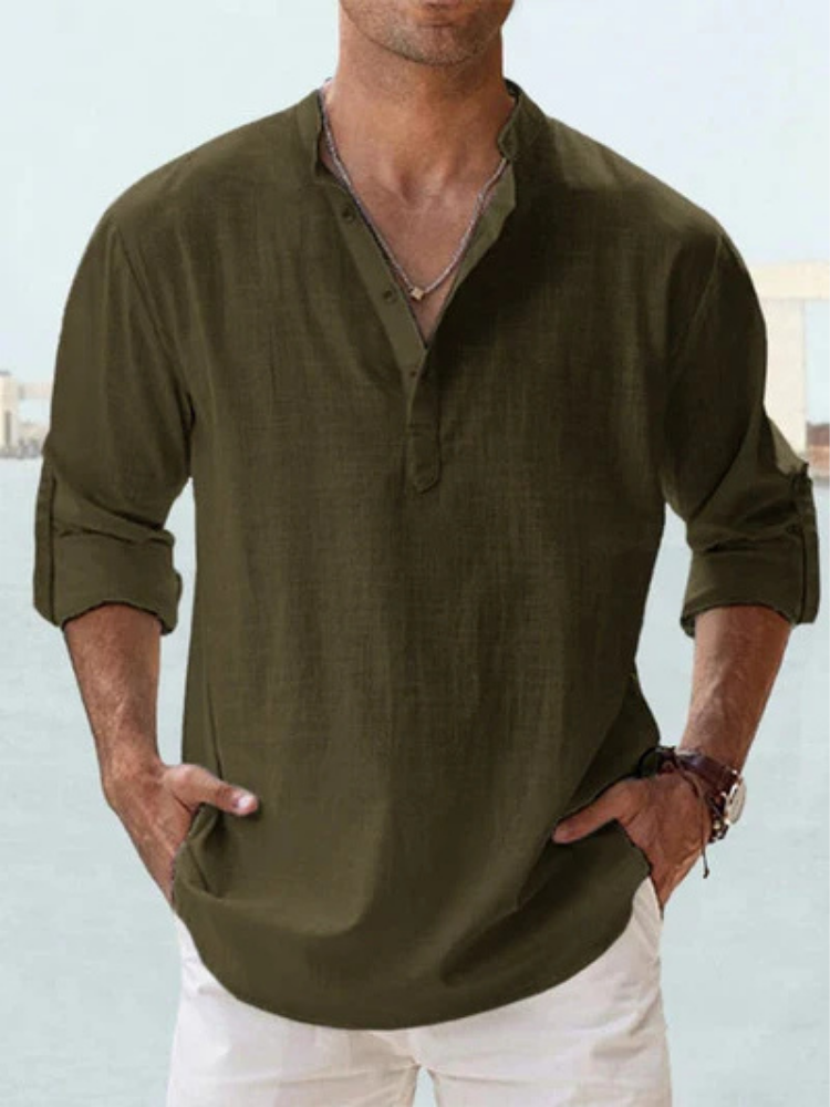 Chemise respirante en lin bleue Danoir Paris, style décontracté, tissu léger, manches longues, col classique.