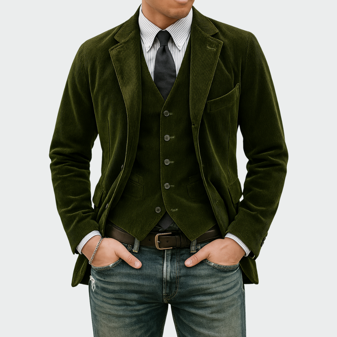 Ensemble 2 pièces Danoir Paris : blazer et gilet en velours bleu, mode élégante pour homme.