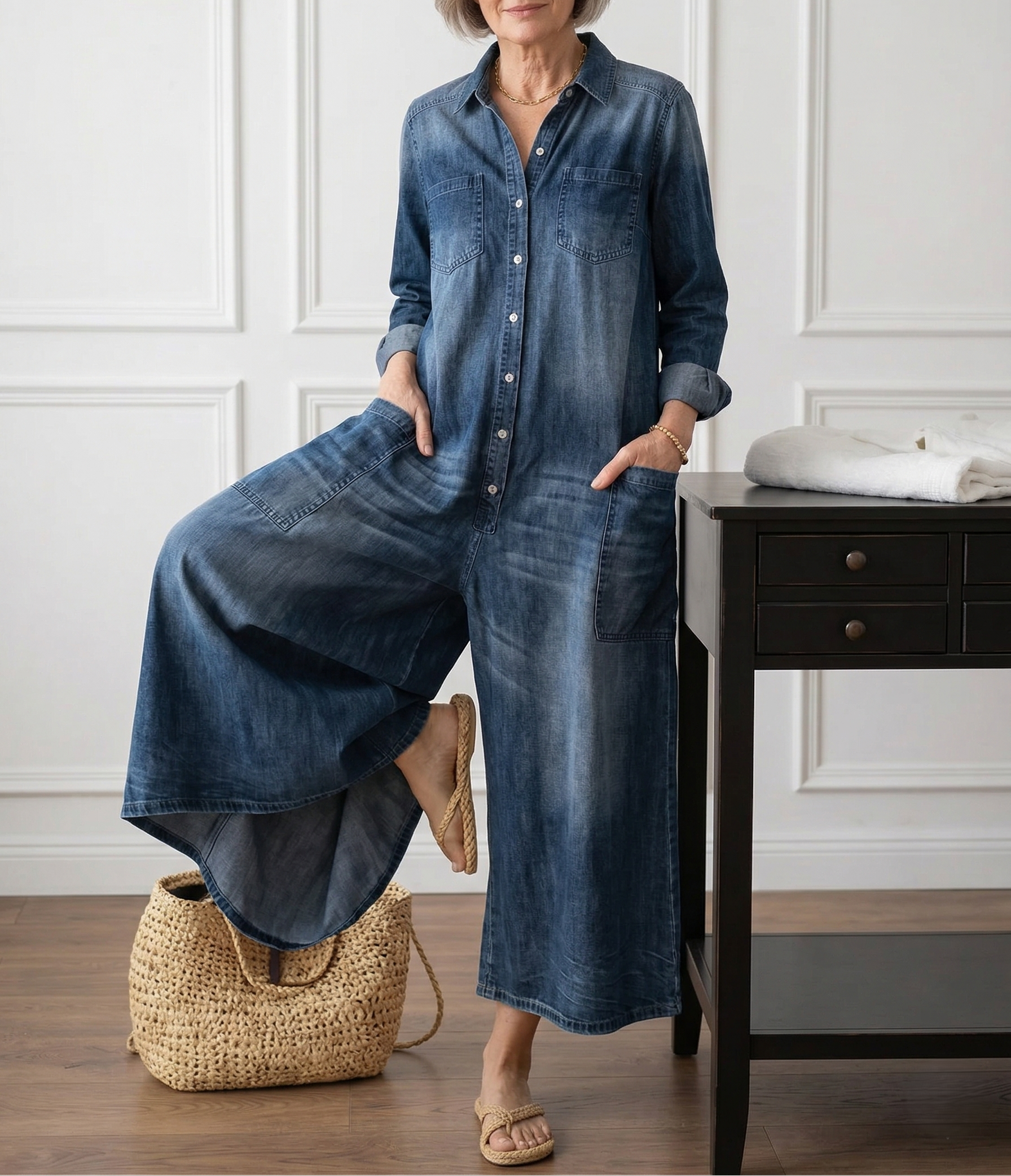 Salopette en denim vintage Danoir Paris, en coton lavé avec fermeture à boutons, portée par un modèle.