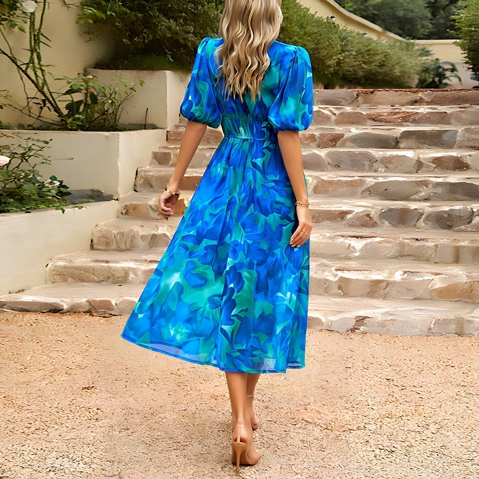 Robe midi élégante Jenny de Danoir Paris en tissu bleu chic, portée avec détails raffinés et finition sophistiquée.